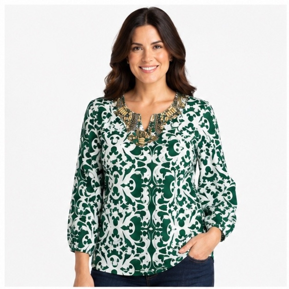 IMAN Embellished Tunic Top Green White Scroll Pattern 3/4 Sleeve Womens‎ S